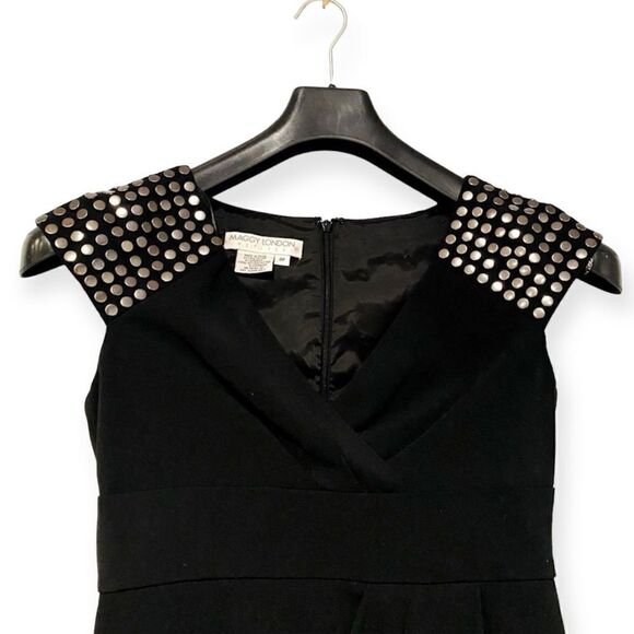 MAGGY LONDON Black Studded Faux Wrap Front Fitted Dress Size 4P - Picture 4 of 7
